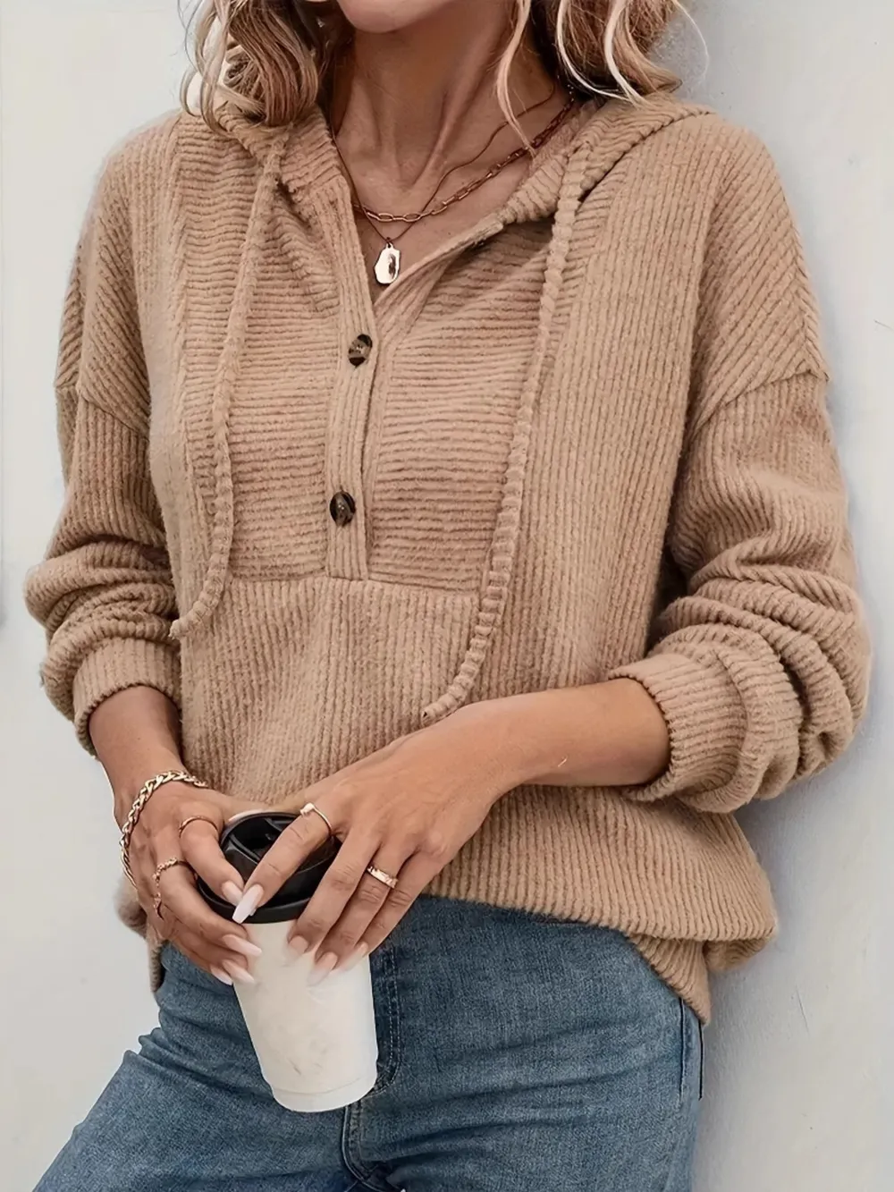 Drawstring Button Front Hoodie