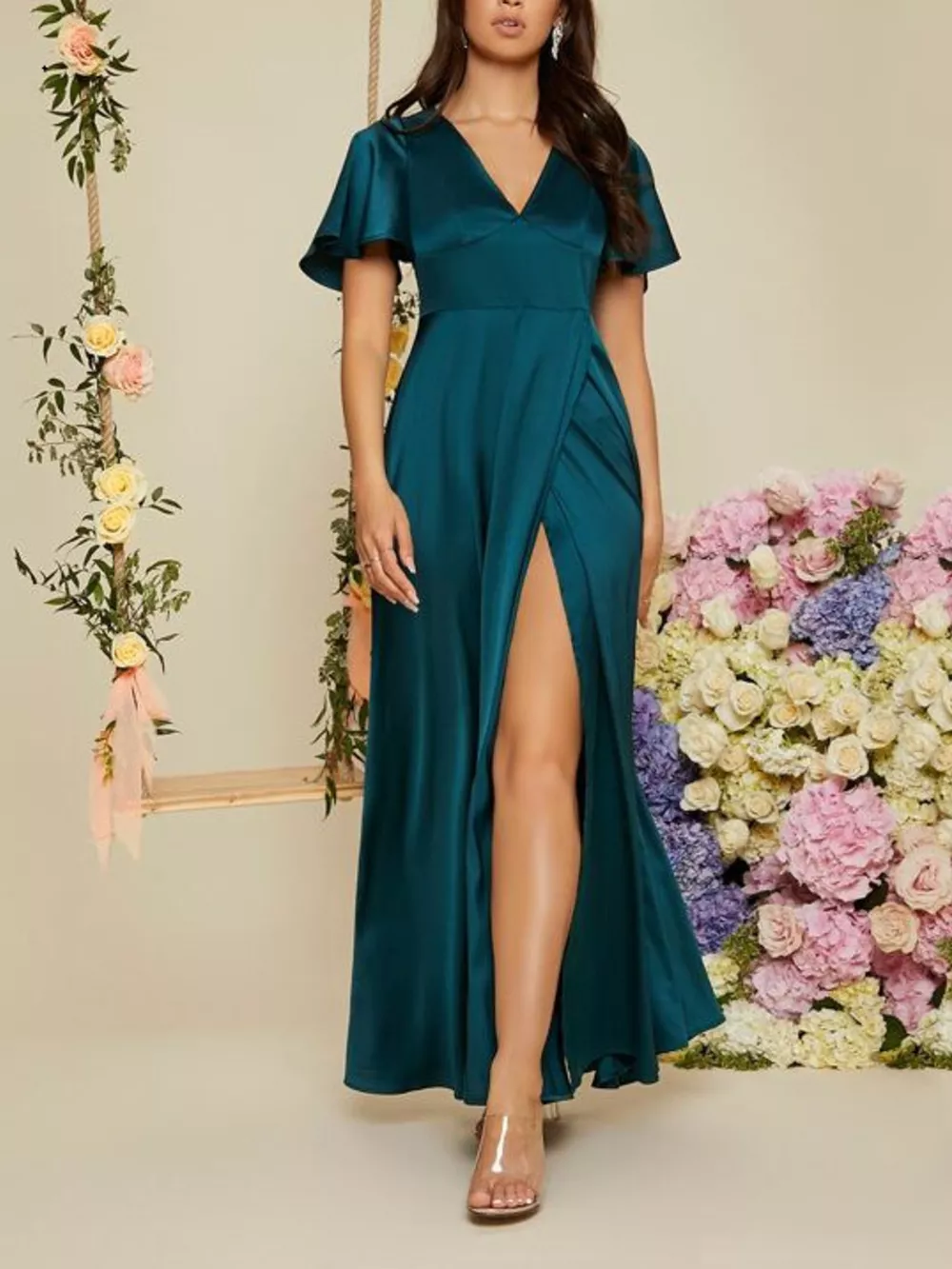 Flutter Sleeve Slit Maxi Dress, image 12