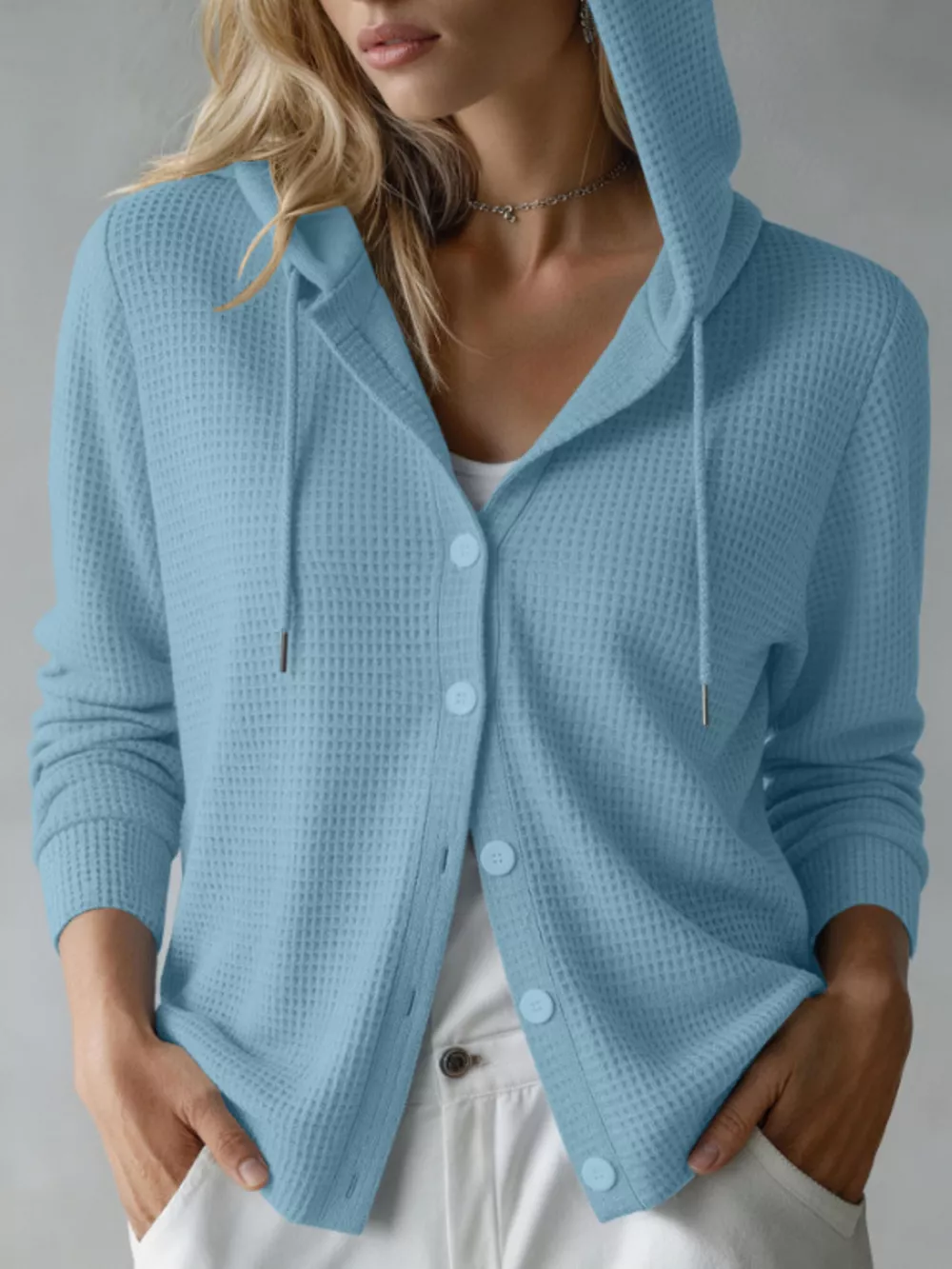 Waffle Knit Button-Down Hooded Cardigan