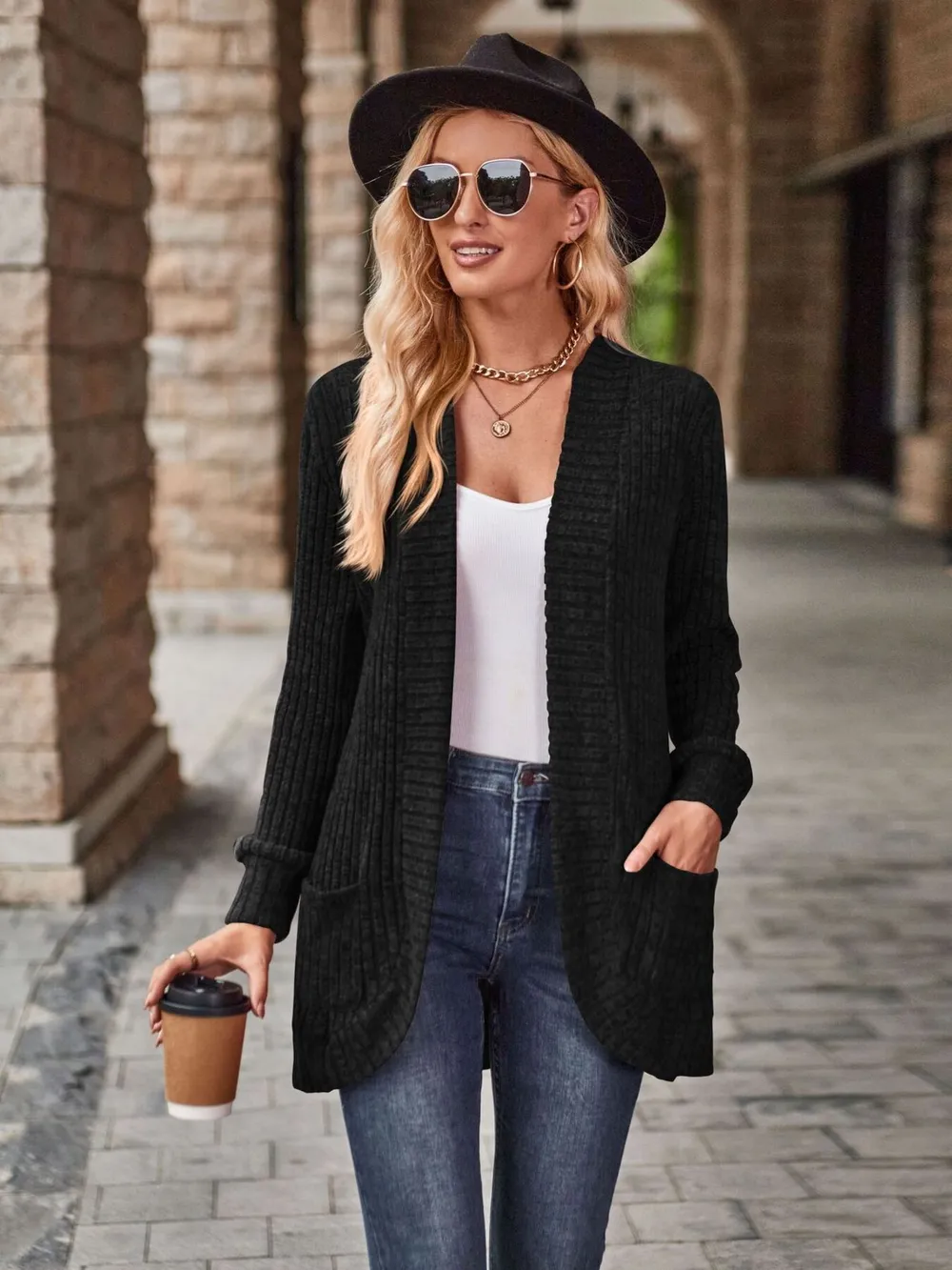Ribbed Open Front Long Cardigan with Pockets, image 26
