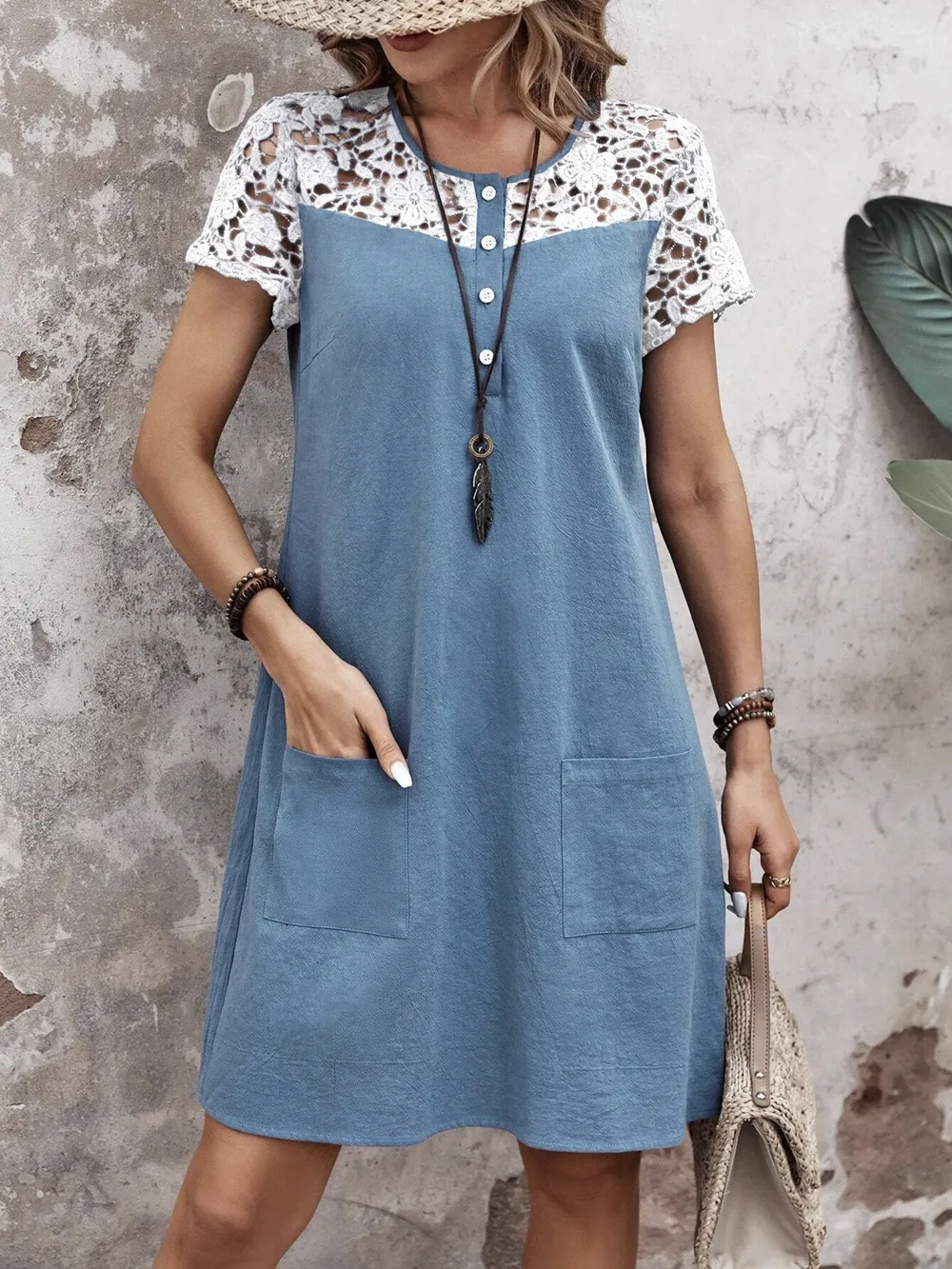 Lace Button Detail Round Neck Mini Dress, image 6