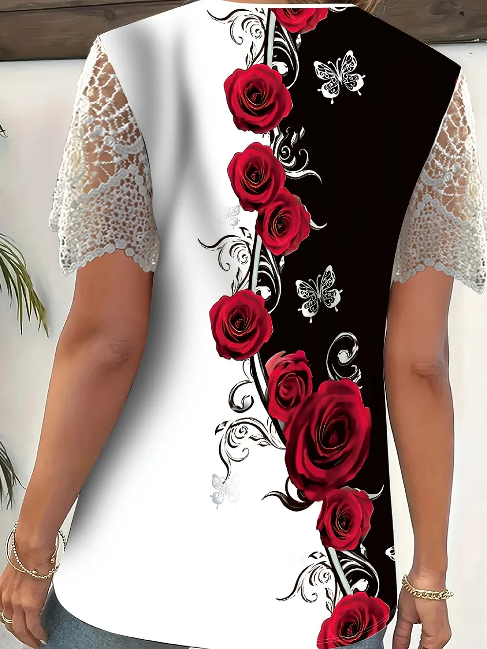 Full Size Printed Lace Sleeve V-Neck T-Shirt Plus Size, image 3
