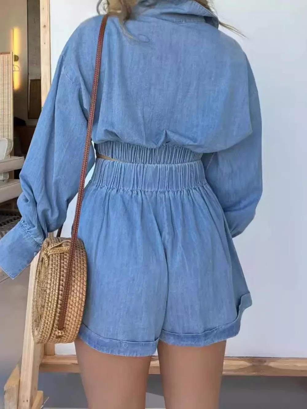 Full Size Long Sleeve Top and Shorts Denim Set Plus Size, image 3