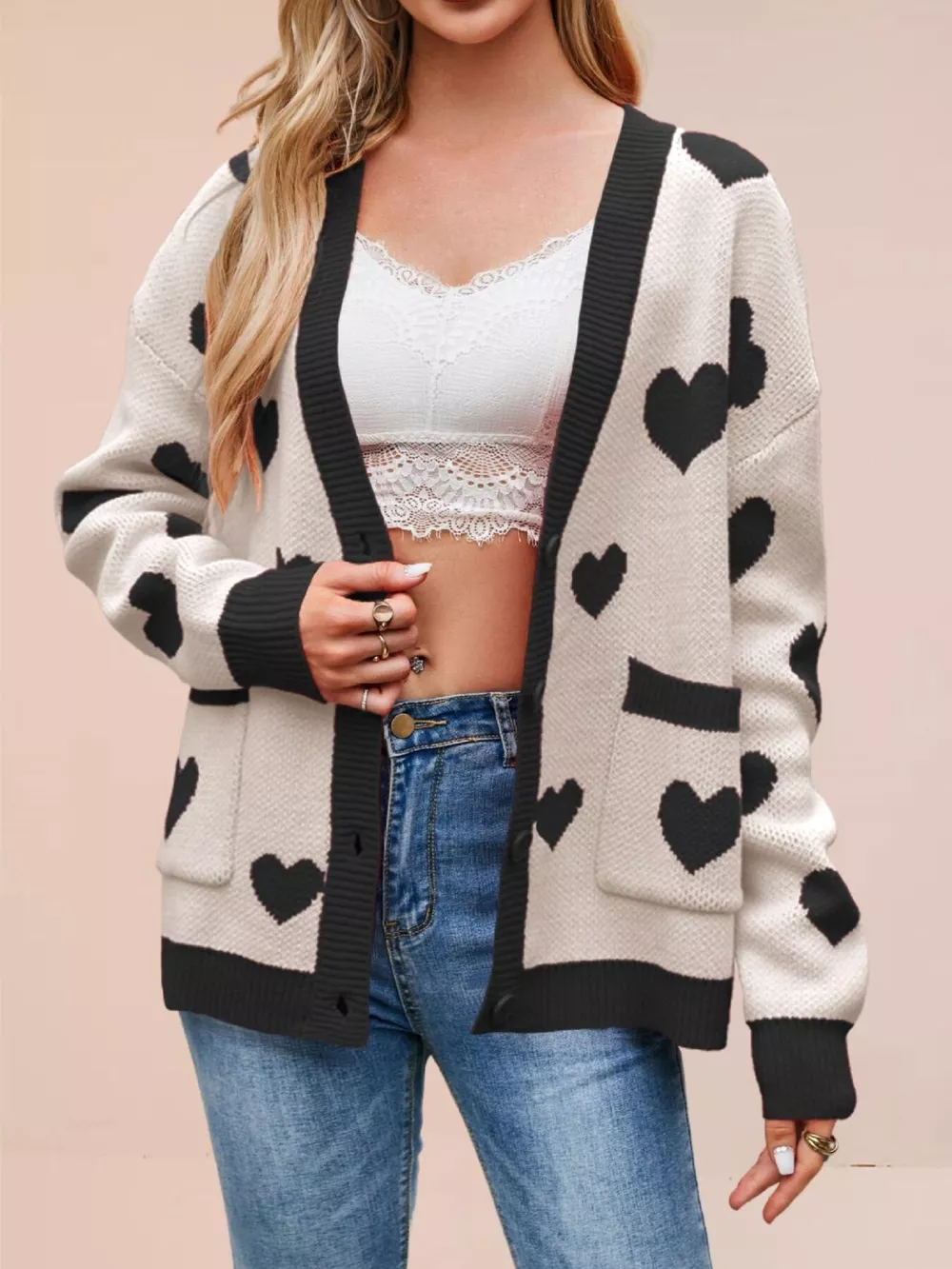 Heart Pattern V-Neck Button-Down Knit Cardigan, image 10