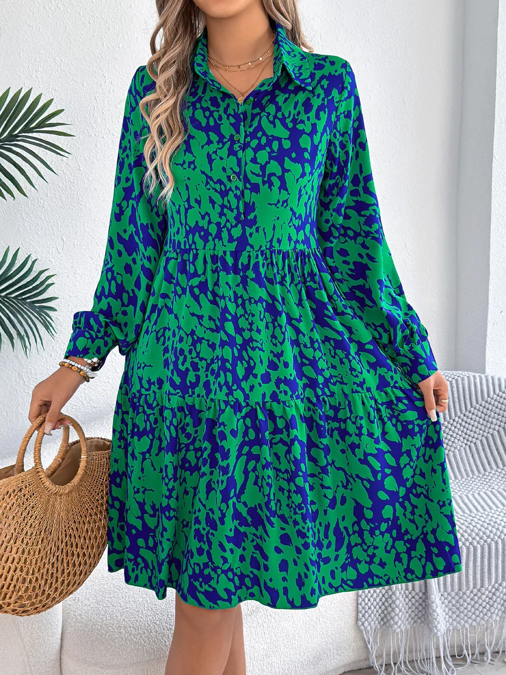 Printed Collared Neck Long Sleeve Dress, image 13