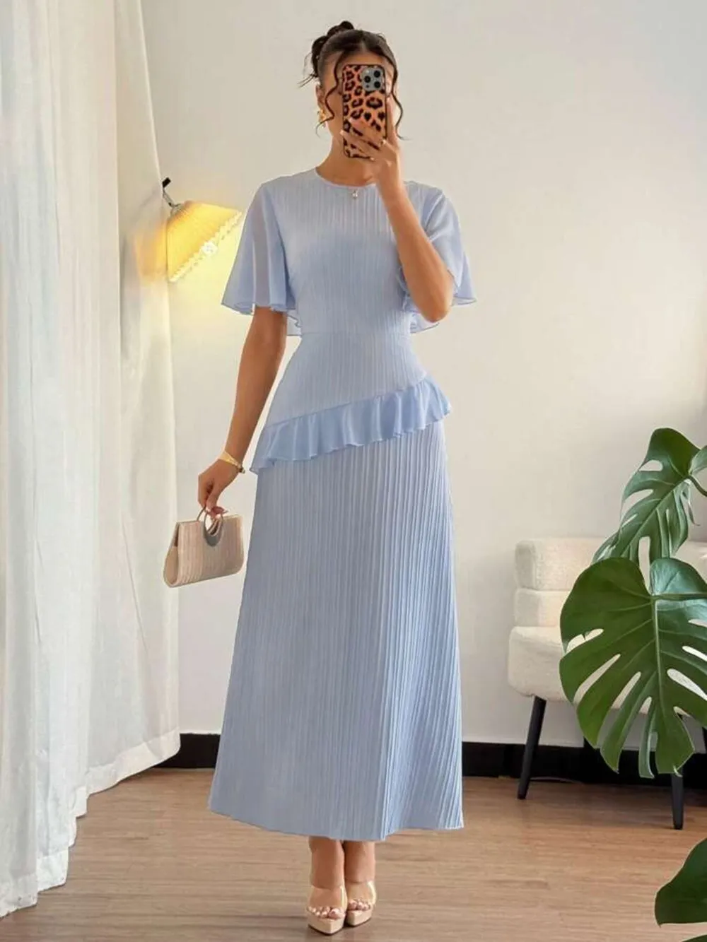 Ruffled Round Neck Flutter Sleeve Dress, image 11