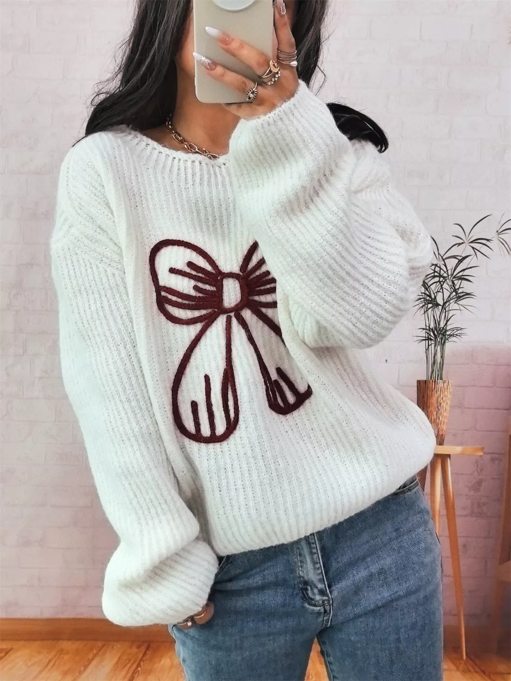 Bow Round Neck Long Sleeve Sweater, image 3