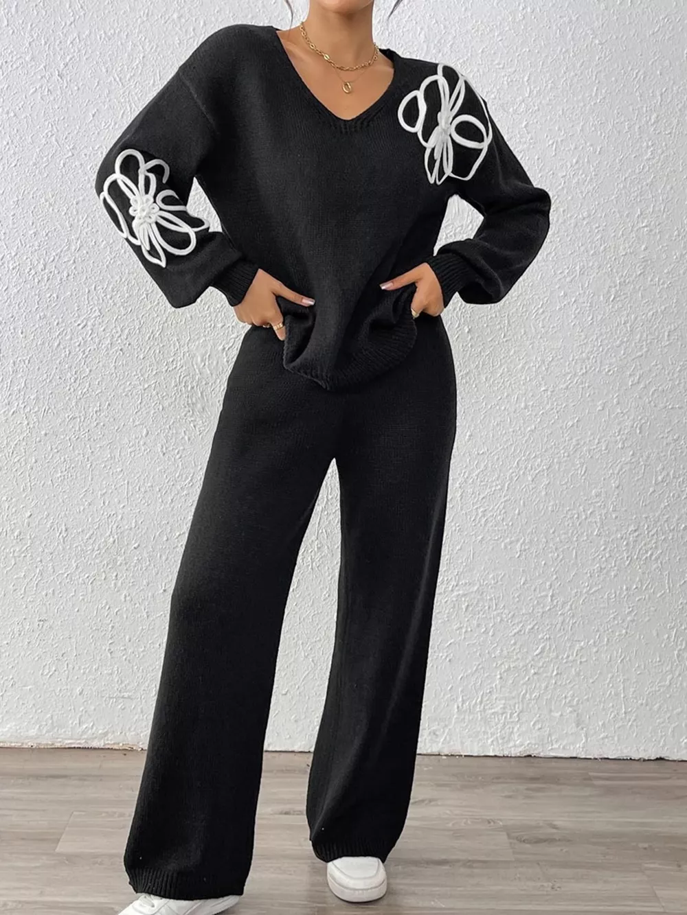 V-Neck Dropped Shoulder Top and Pants Sweater Set