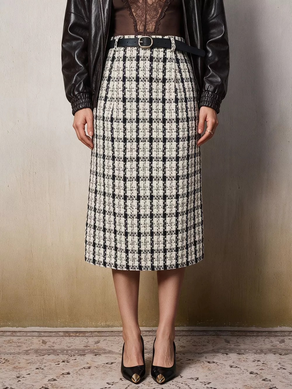 High-Waisted Tweed Plaid Midi Skirt, image 3