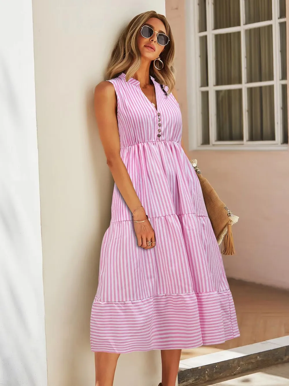 Striped Sleeveless Tiered Midi Dress, image 17