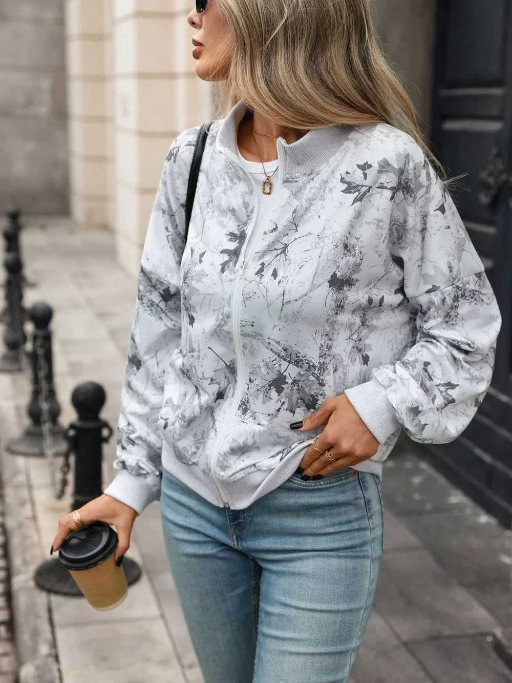 Printed Zip Up Long Sleeve Sweatshirt, image 4