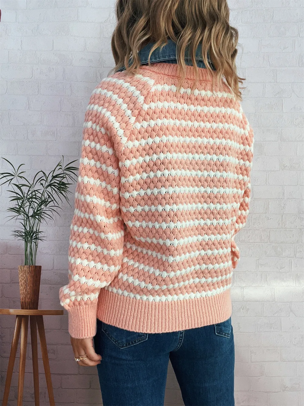 Contrast Striped Sweater with Denim Collar, image 24