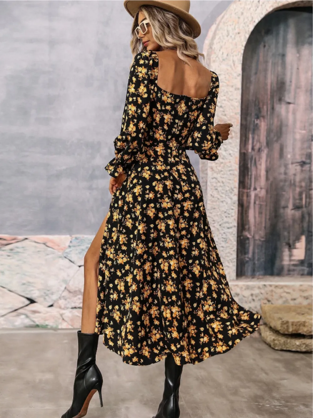 Floral Print Square Neck Flounce Sleeve Dress with Side Slit, image 13