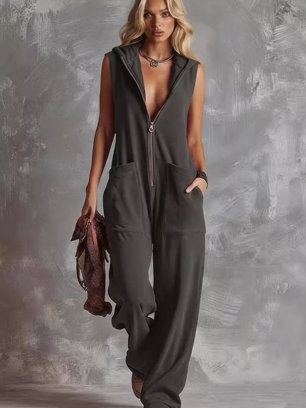 Sleeveless Hooded Zip-Front Casual Jumpsuit, image 5