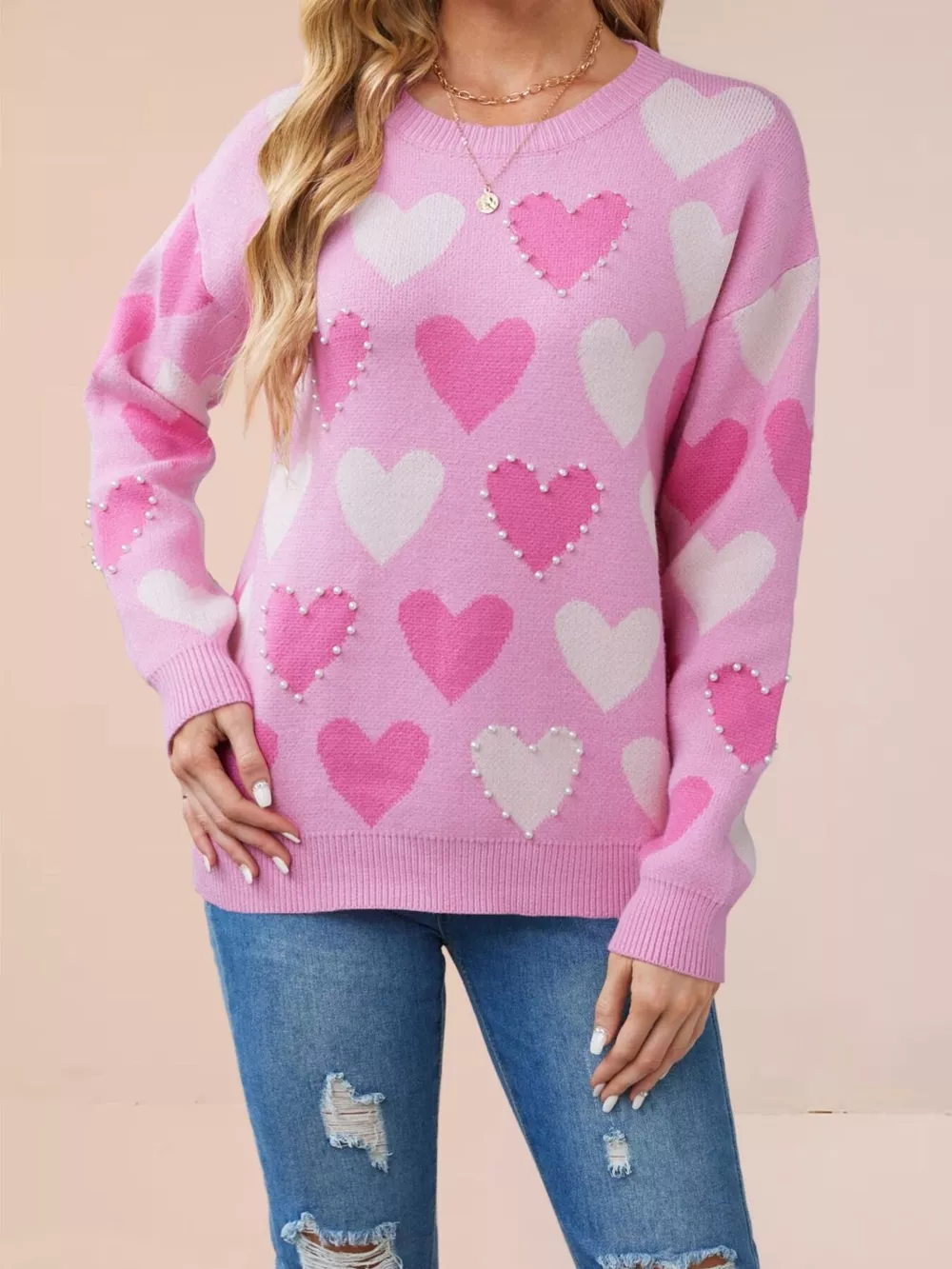 Heart Pattern Pearl Embellishments Sweater, image 8