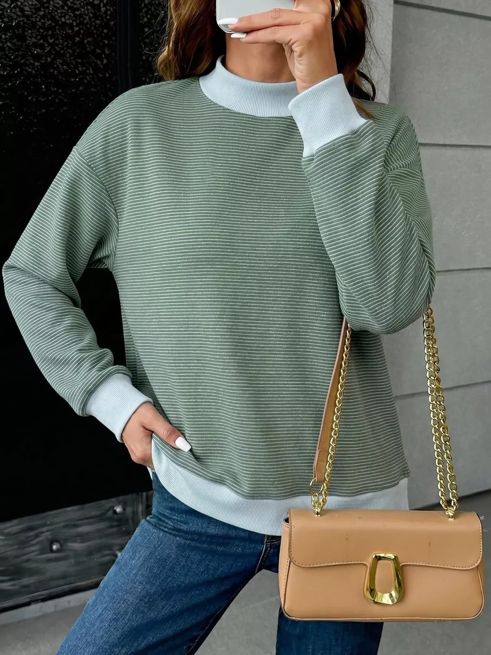 Casual Mock Neck Striped Long Sleeve T-Shirt, image 3