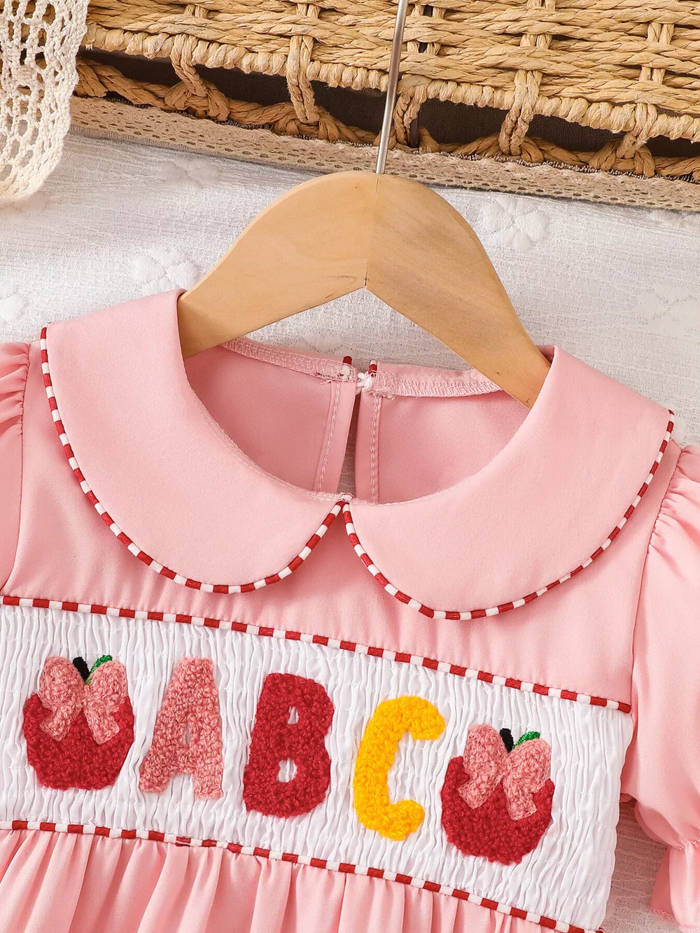 Children's Smocked ABC Apple Embroidered Peter Pan Collar Dress, image 2