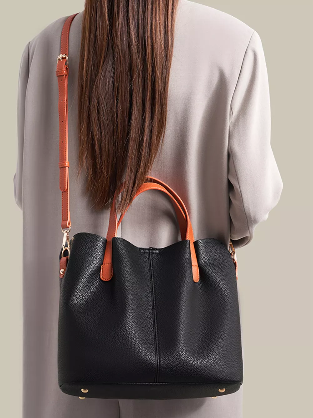 Leather Contrast Handle Handbag, image 2