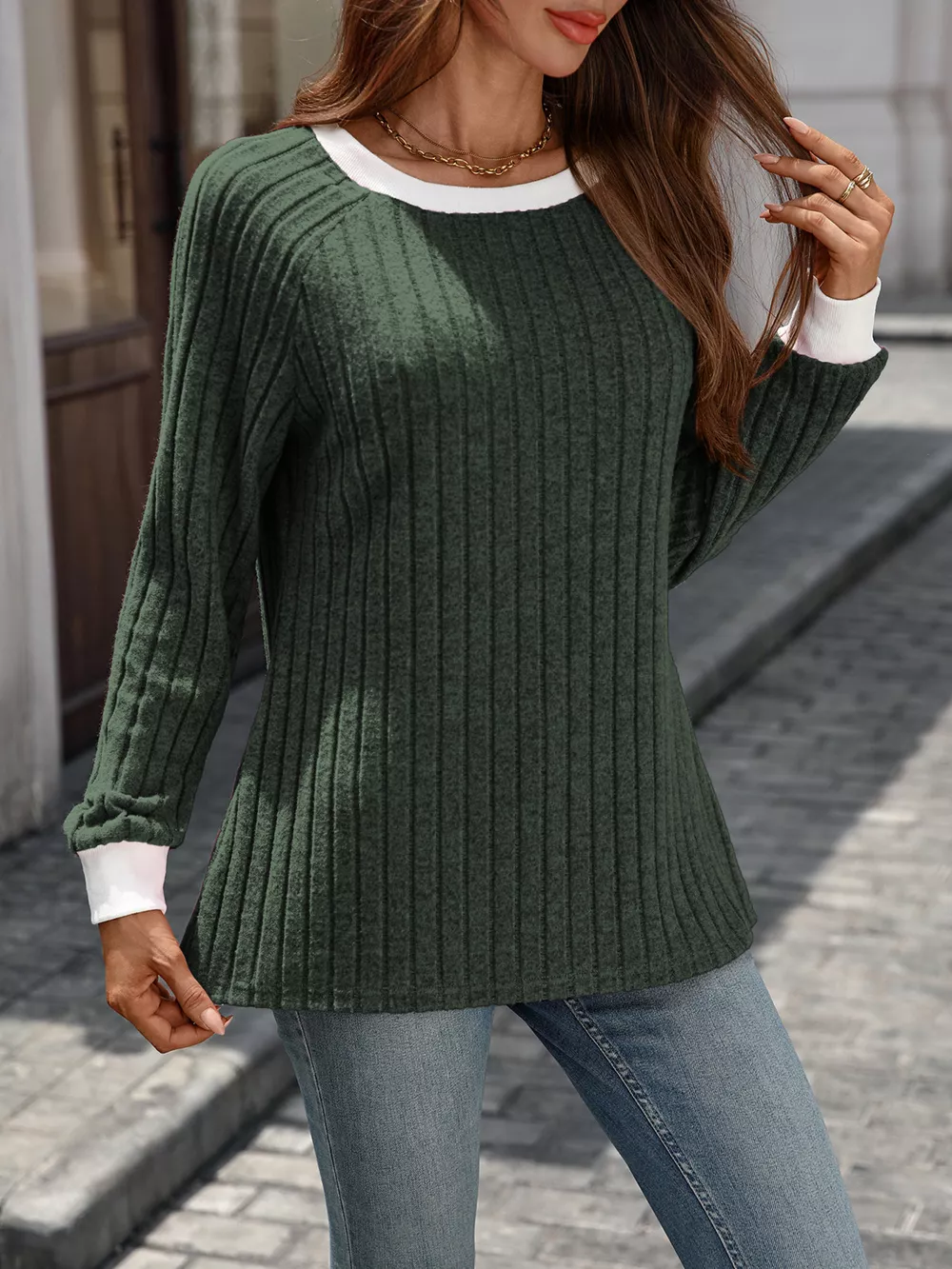 Ribbed Round Neck Raglan Sleeve Knit Top, image 12