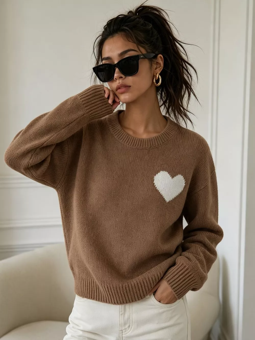 Heart Pattern Round Neck Sweater, image 2