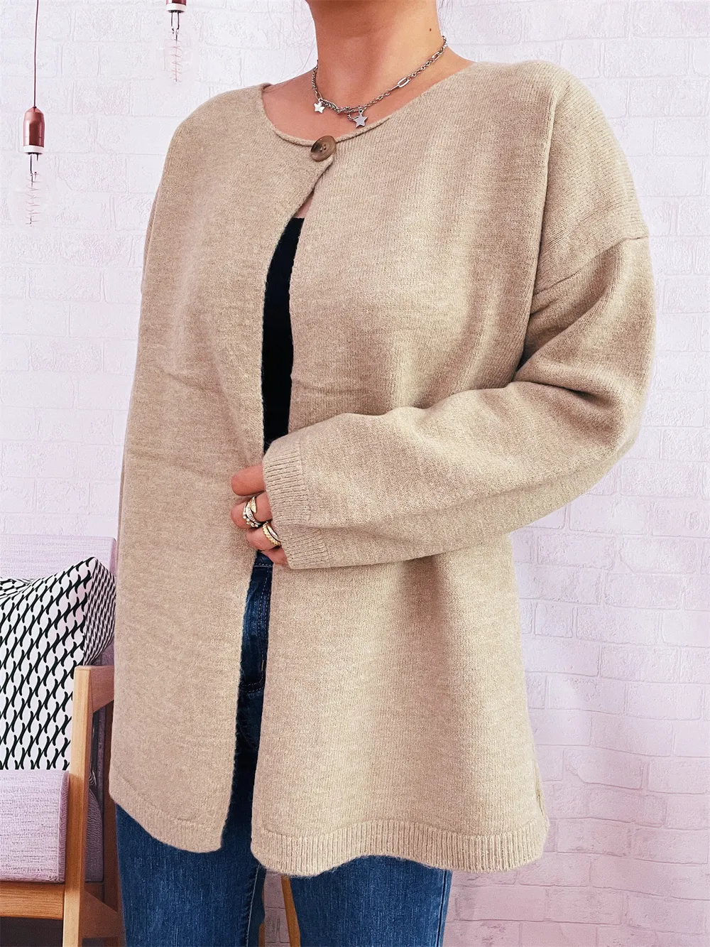 One Button Front Drop Shoulder Cardigan, image 10