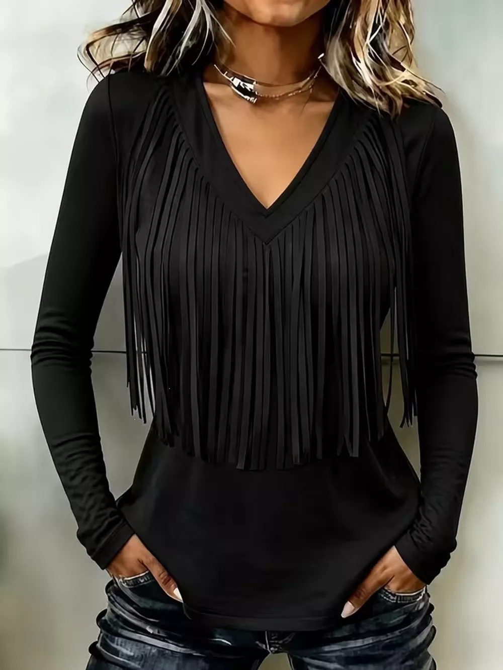 Fringe V-Neck Long Sleeve T-Shirt