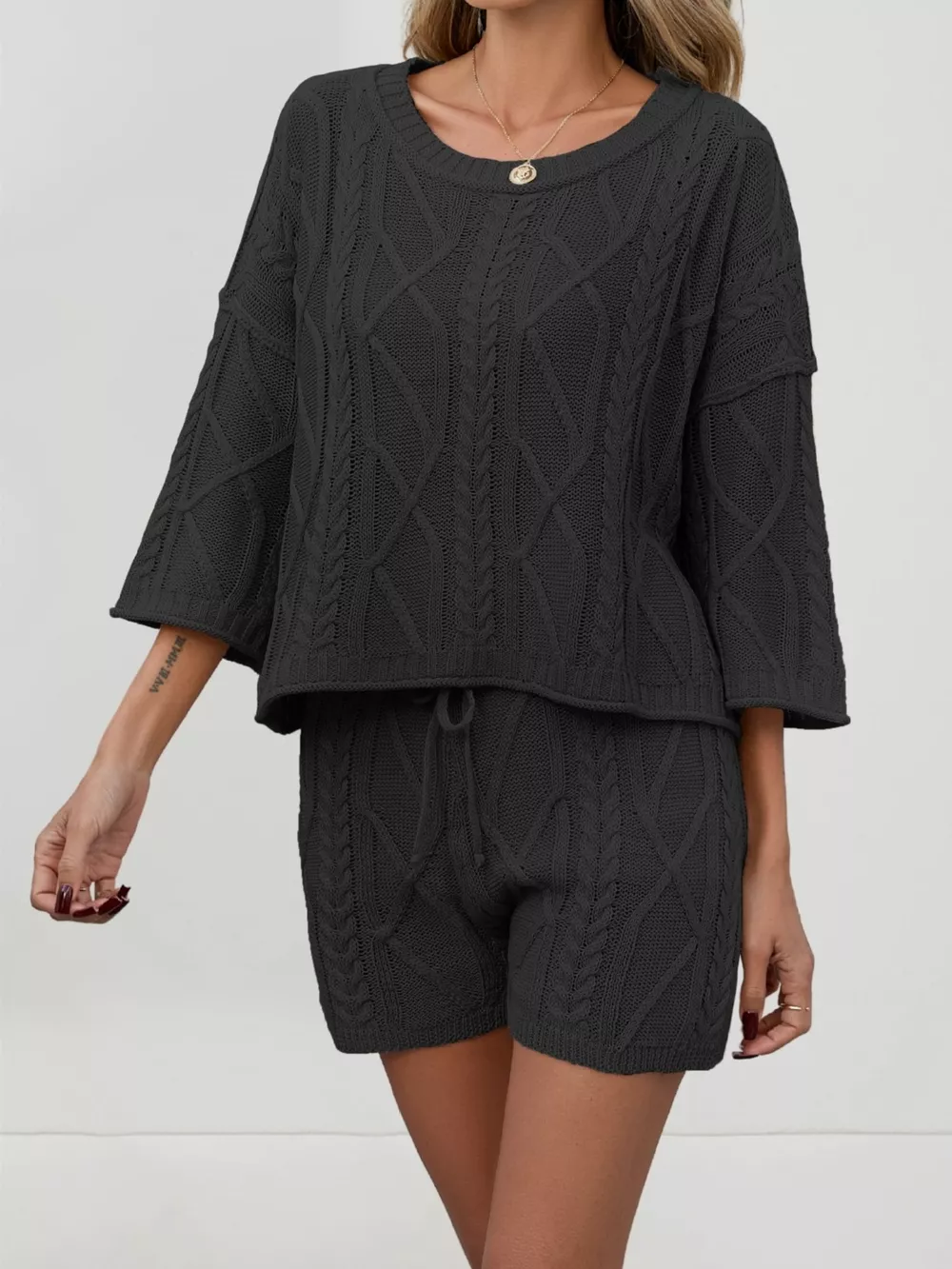 Cable Knit Round Neck Top and Shorts Sweater Set, image 7