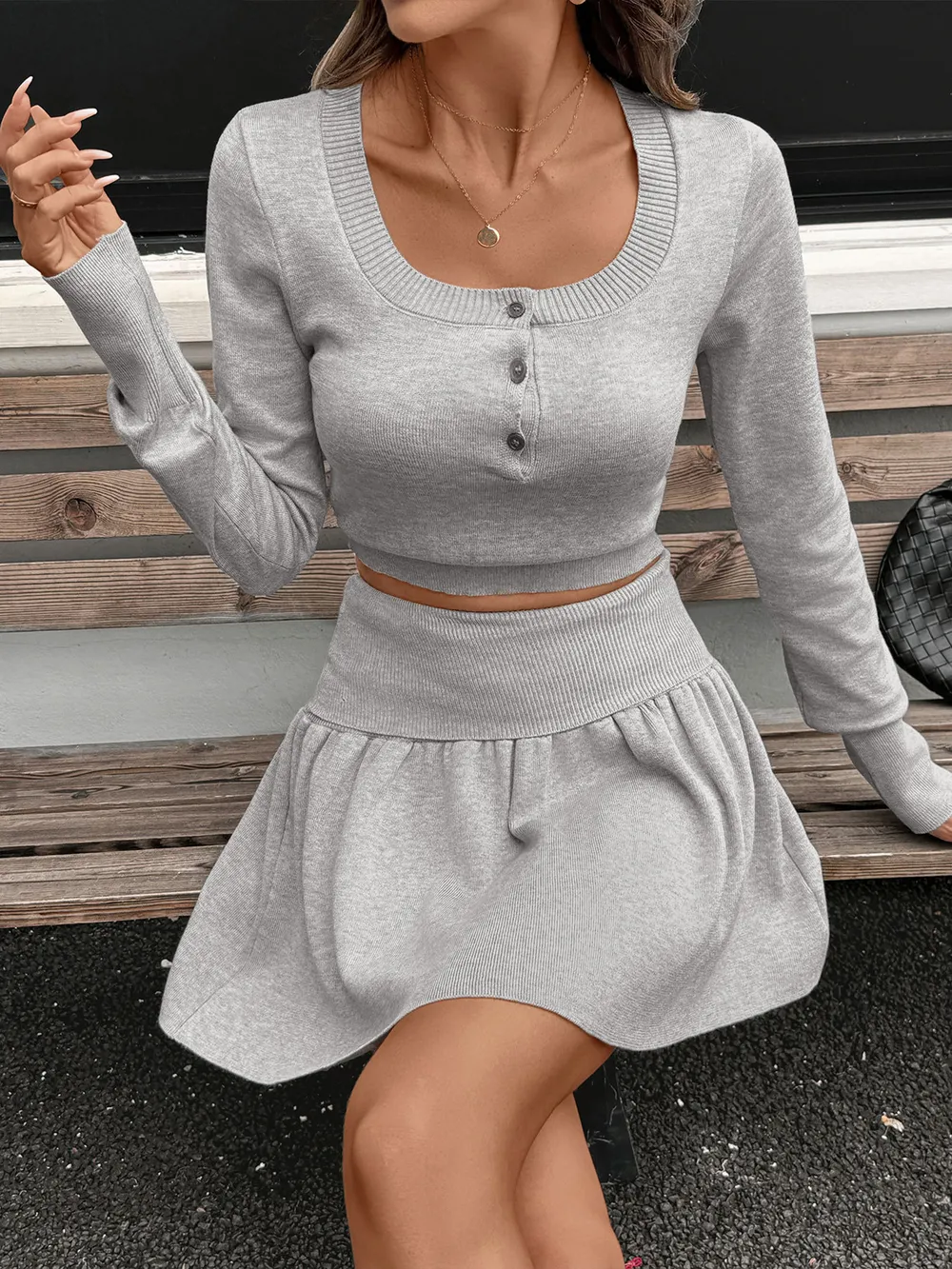Ribbed Long Sleeve Top and Skirt Knit Set, image 2