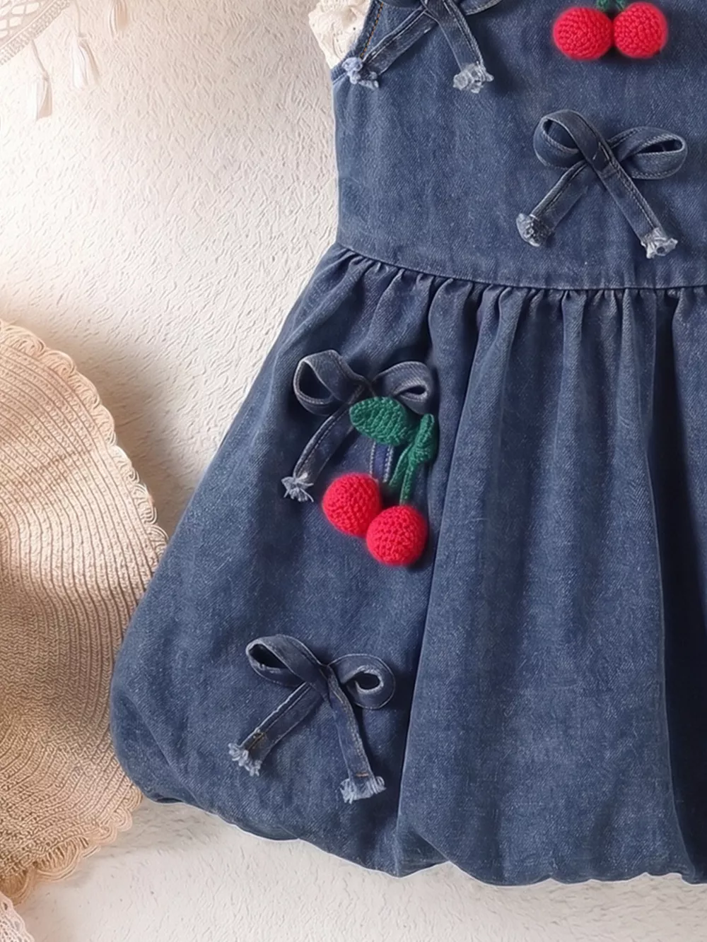 Children's Denim Cherry Applique Dress with Lace Trim, image 4