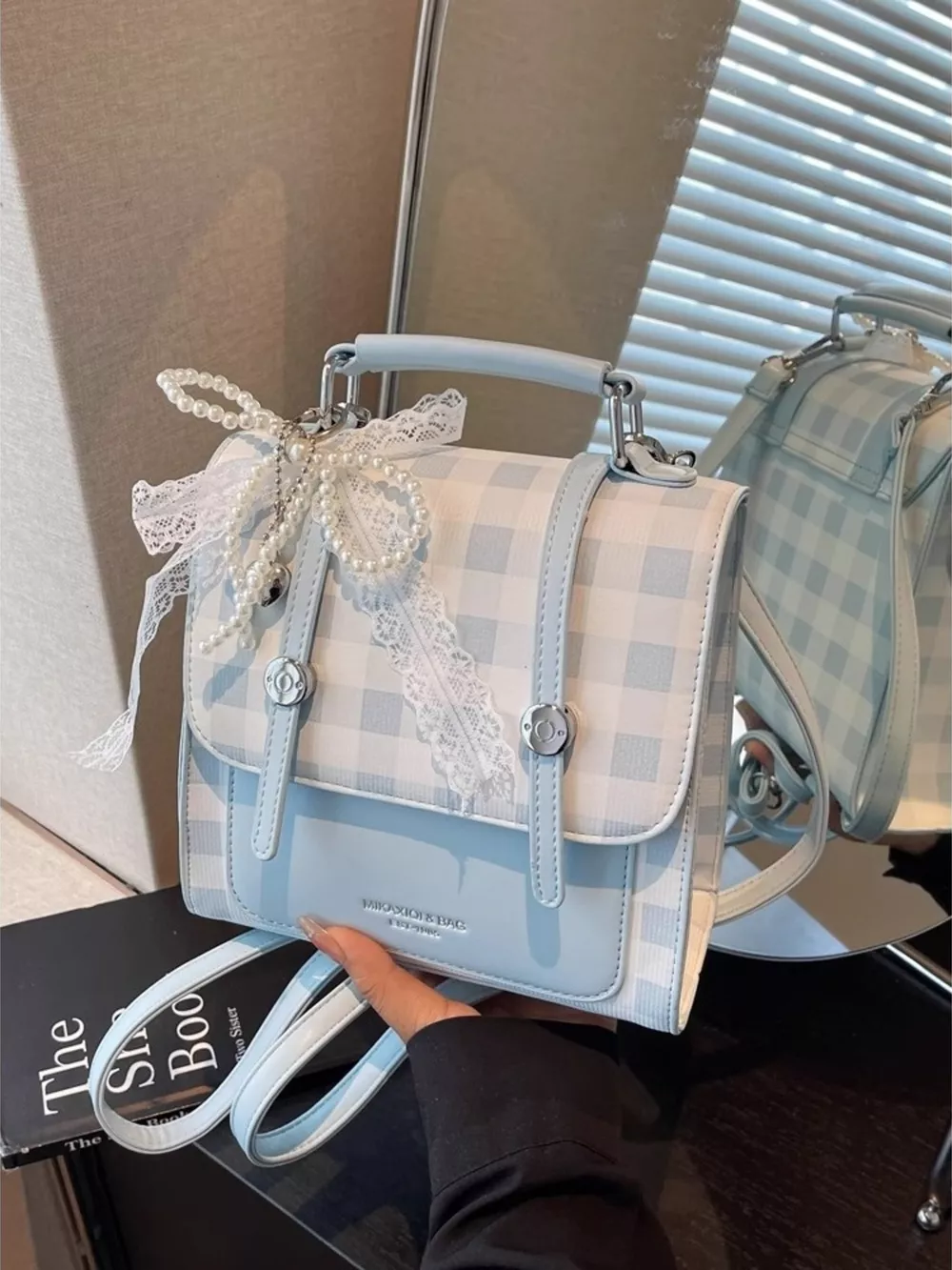 Plaid Lace Decor Backpack Bag, image 3