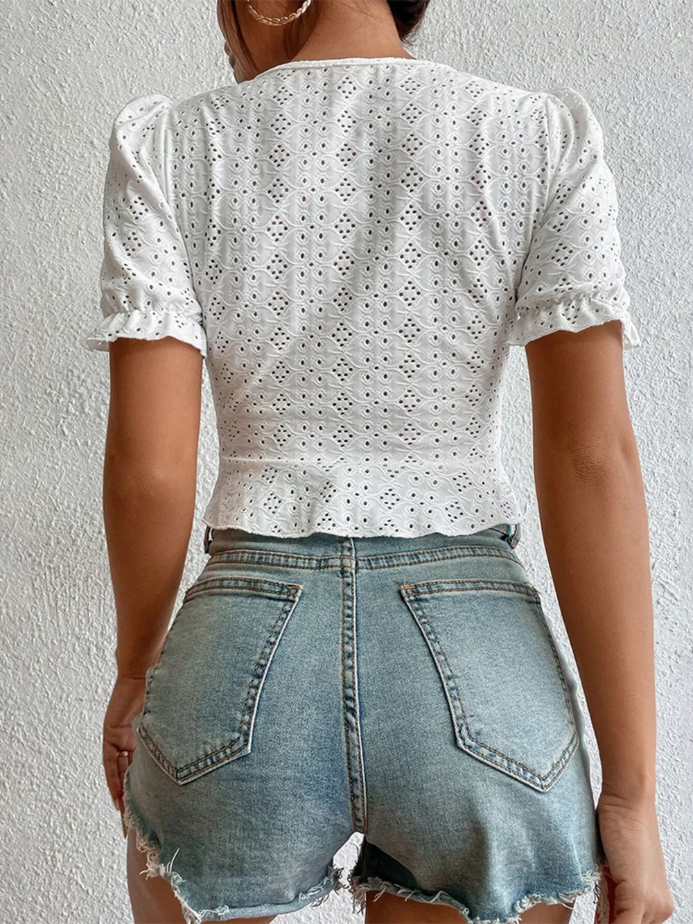 Eyelet Drawstring Puff Sleeve Crop Blouse, image 4