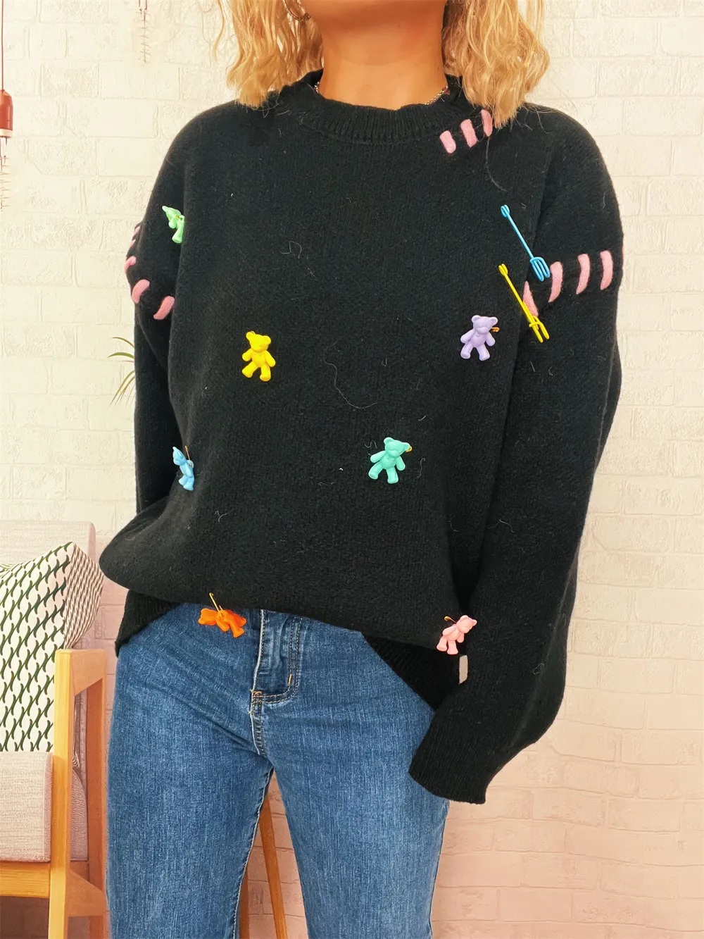Bear Decoration Round Neck Sweater, image 9