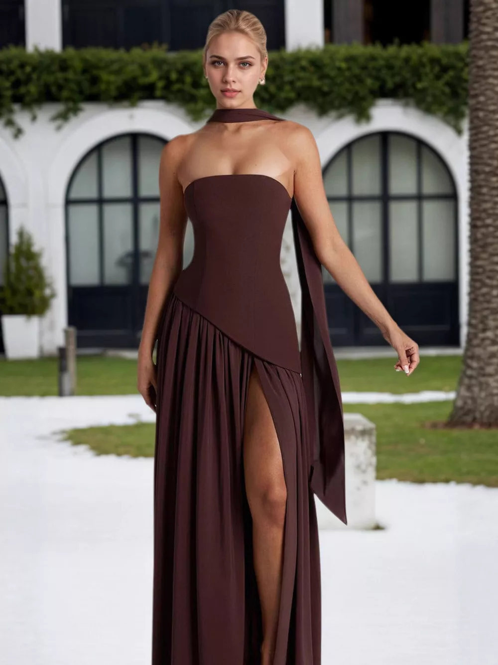 Slit Asymmetrical Two-Tone Tube Maxi Dress, image 3