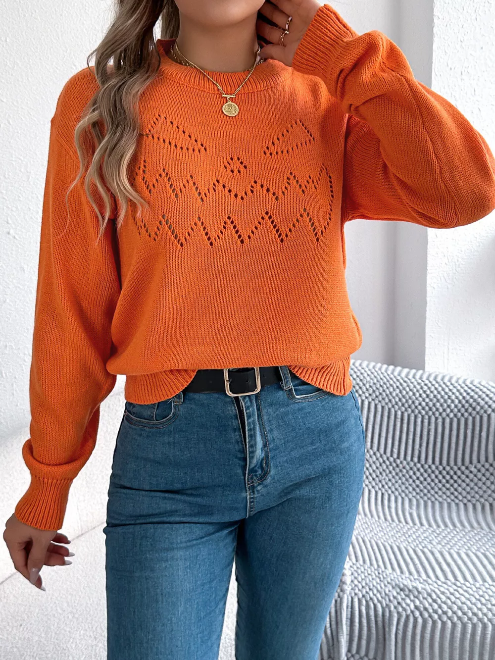 Openwork Round Neck Long Sleeve Sweater, image 14
