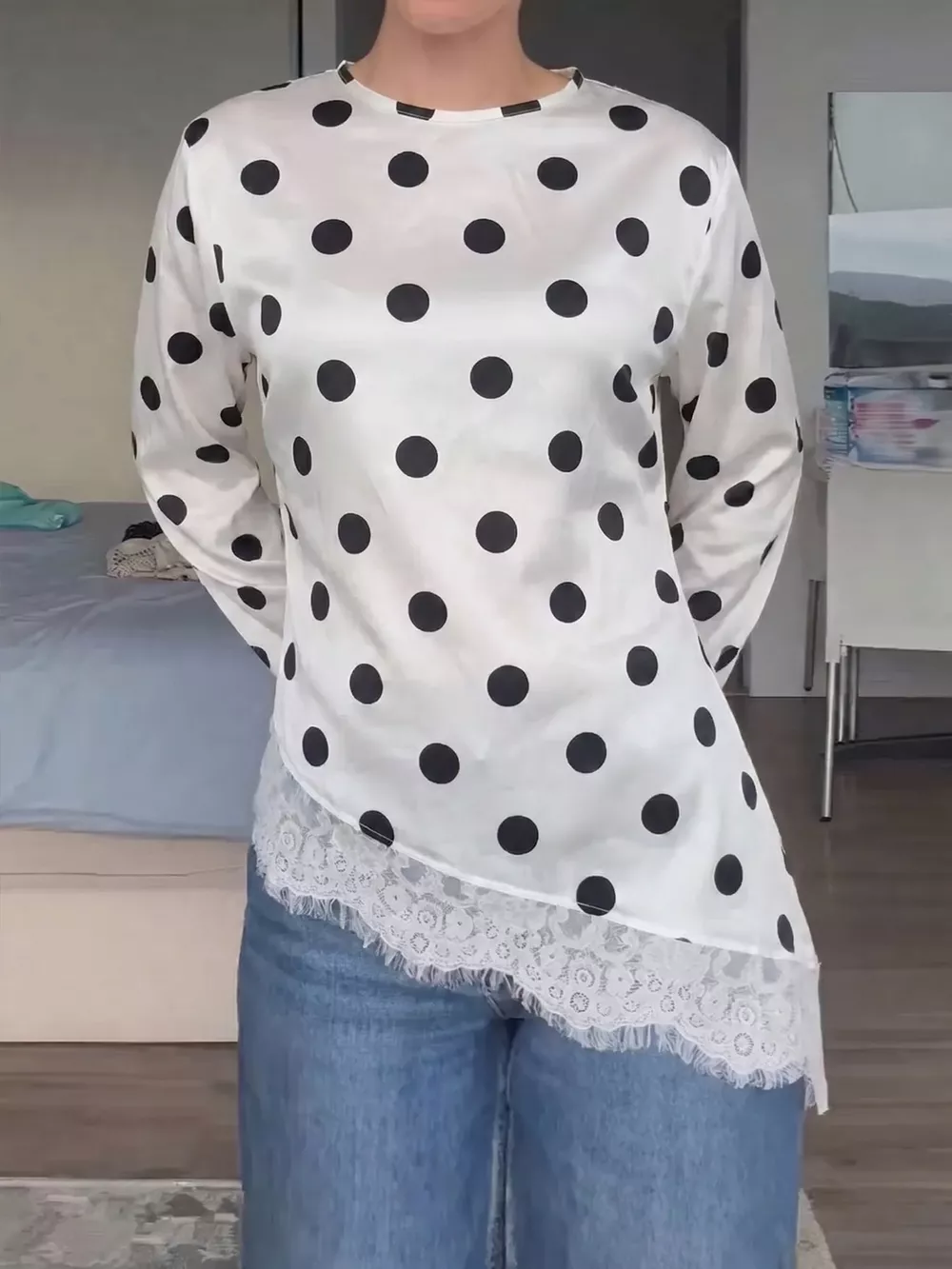Polka Dot Satin Top with Lace Trim, image 3
