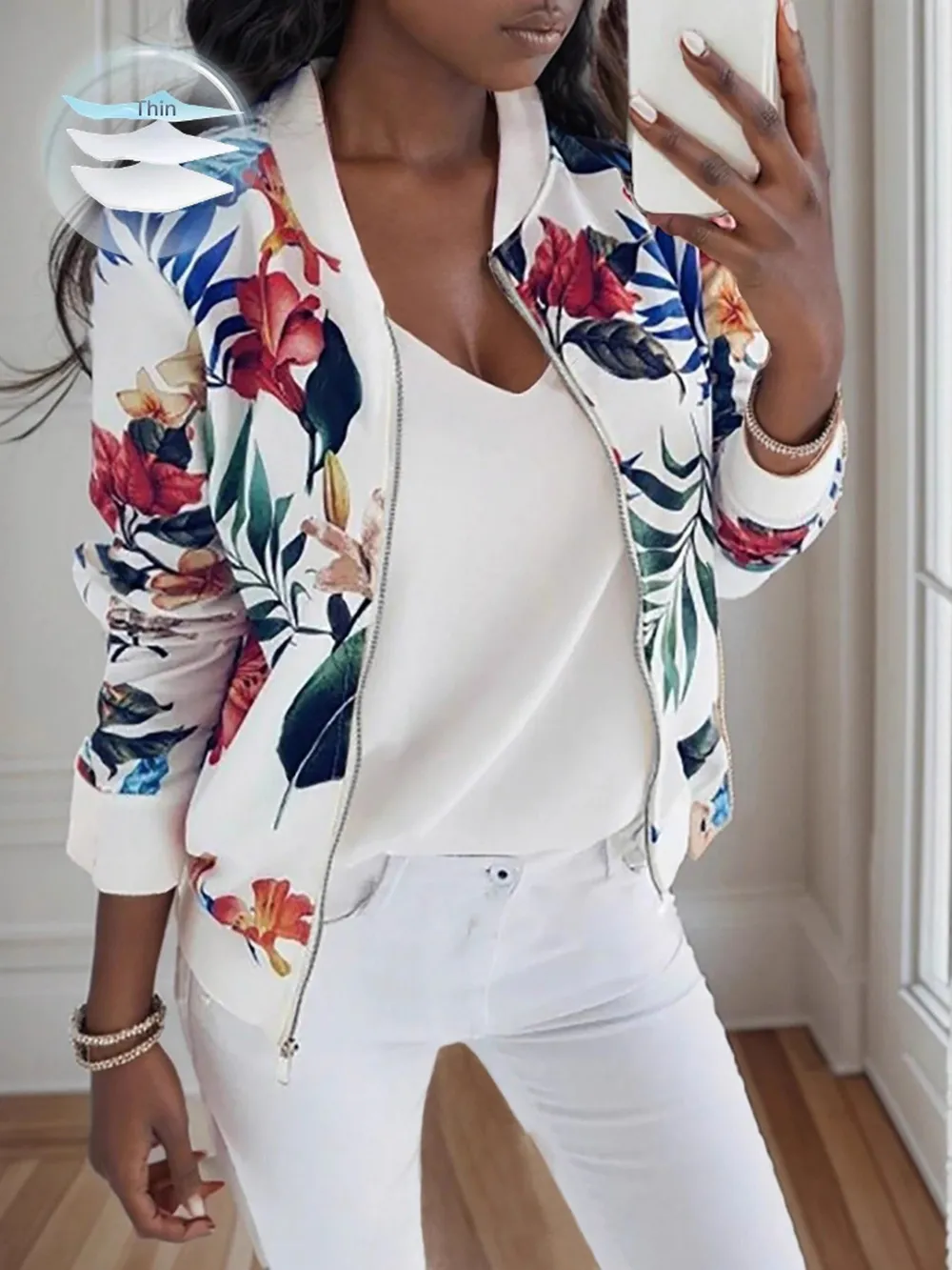 Printed Zip Up Long Sleeve Jacket, image 4