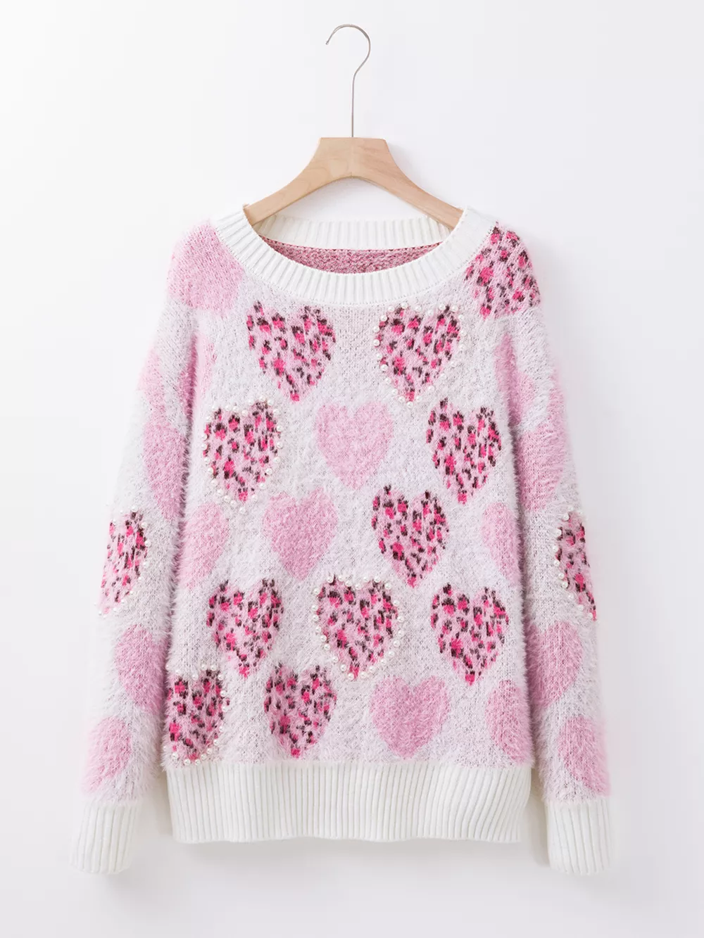 Heart Leopard Pearled Ribbed Trim Fuzzy Sweater, image 13