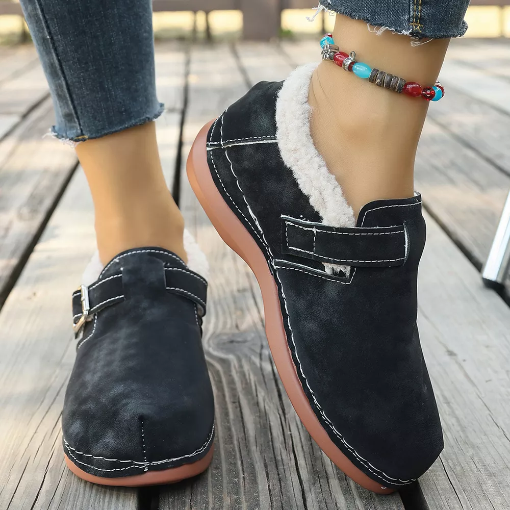 Faux Fur Lined Suede Loafers with Adjustable Buckle Strap, image 2