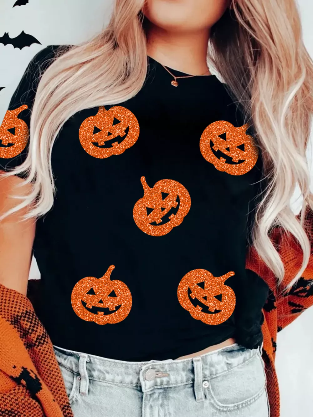 Glittering Pumpkin Face Crewneck Halloween T Shirt, image 4