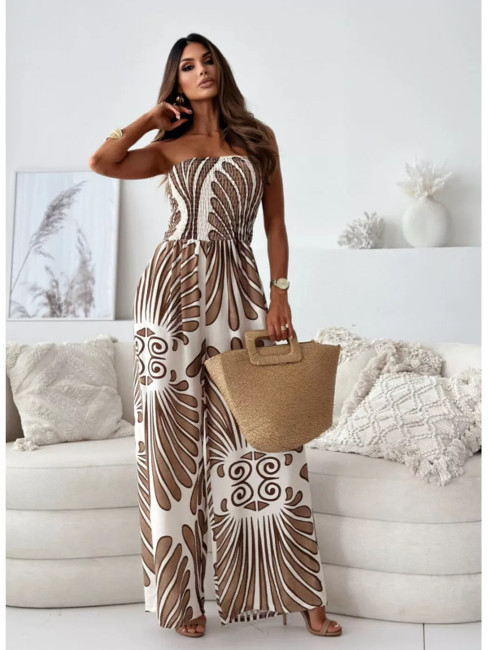 Printed Strapless Wide-Leg Jumpsuit, image 11