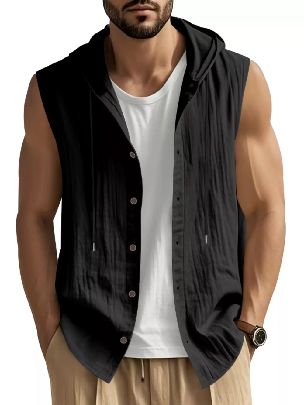 Men's Full Size Casual Sleeveless Hooded Button-Down Top Plus Size