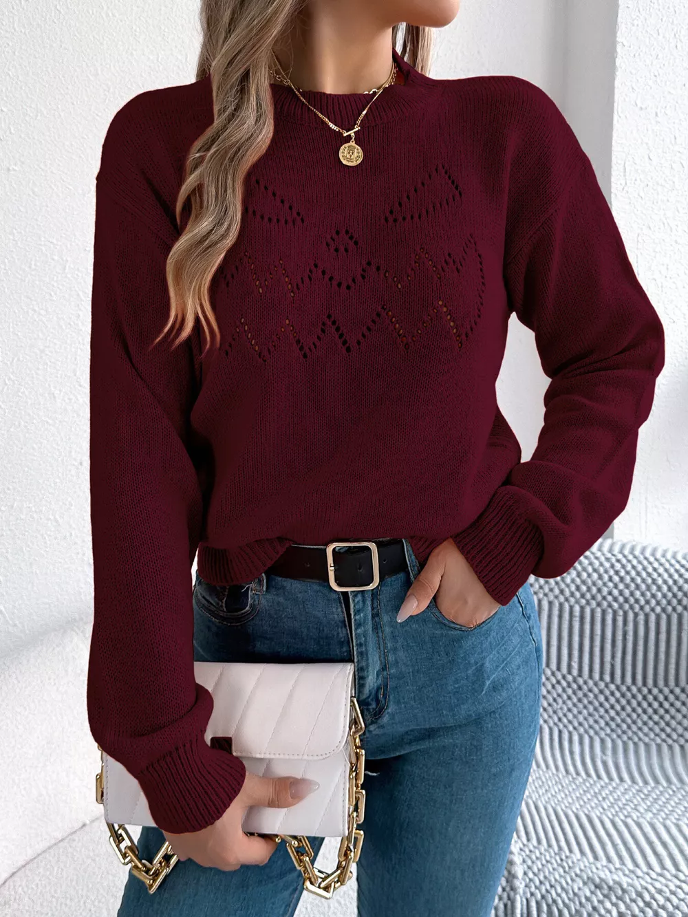 Openwork Round Neck Long Sleeve Sweater, image 15