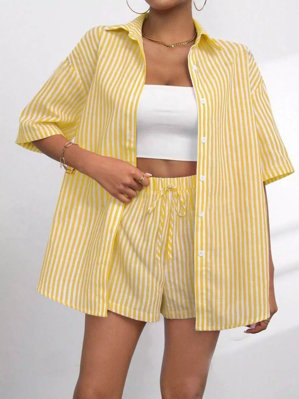 Striped Button Up Shirt and Shorts Casual Set, image 9