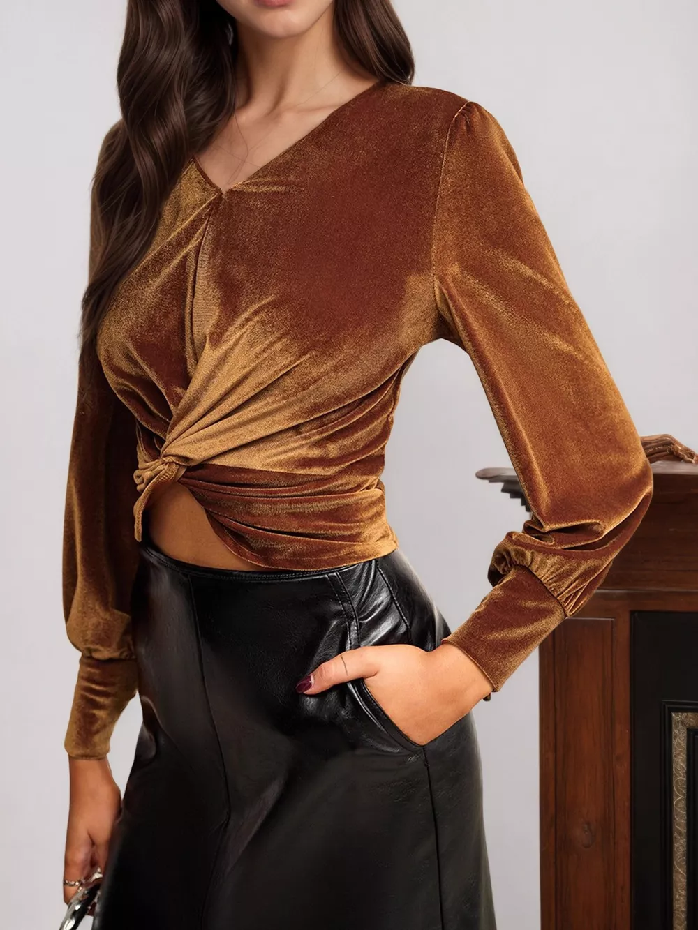 Twisted V-Neck Long Sleeve Blouse, image 2