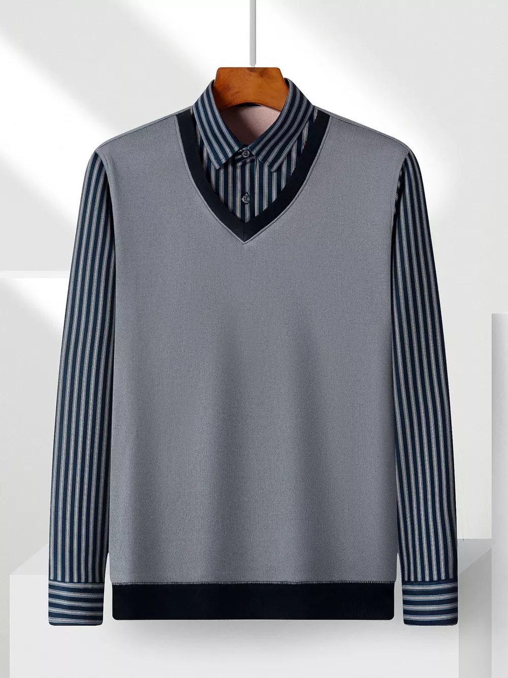 Men's Plus Size Striped Long Sleeve Fake Two-Piece Knit Top, image 2