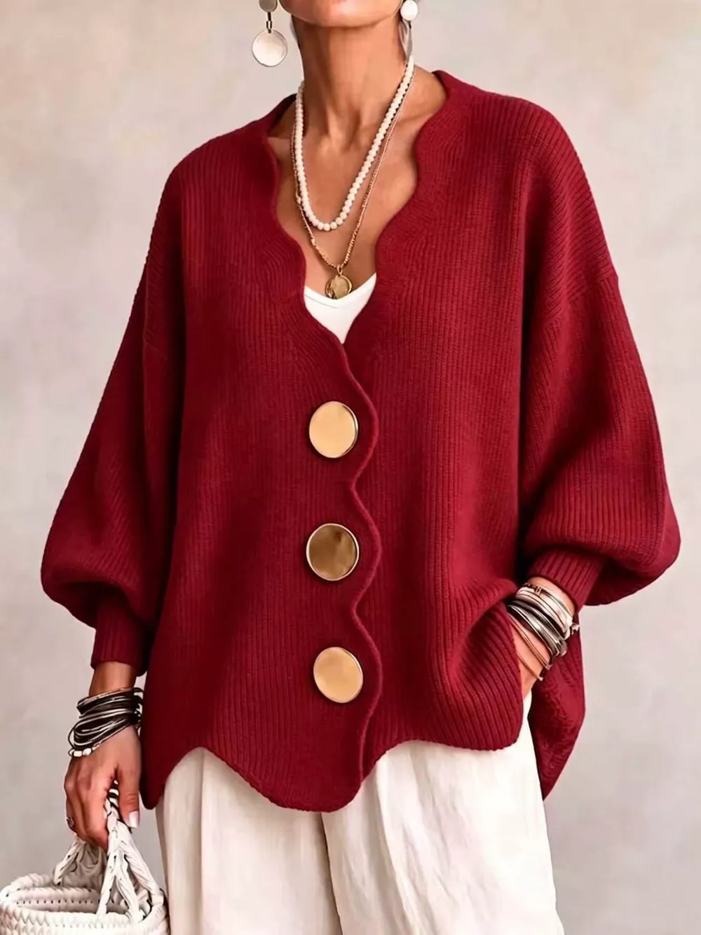 Full Size Scalloped-Edge Oversized Button-Down Cardigan Plus Size, image 4