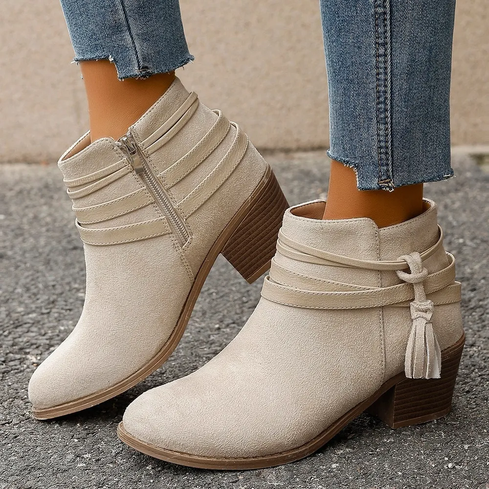 Tassel Point Toe Block Heels Boots, image 2