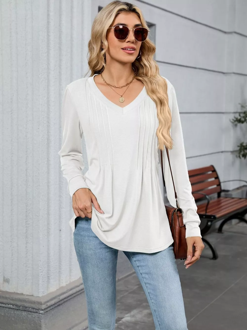 V-Neck Long Sleeve Relaxed Fit T-Shirt, image 4