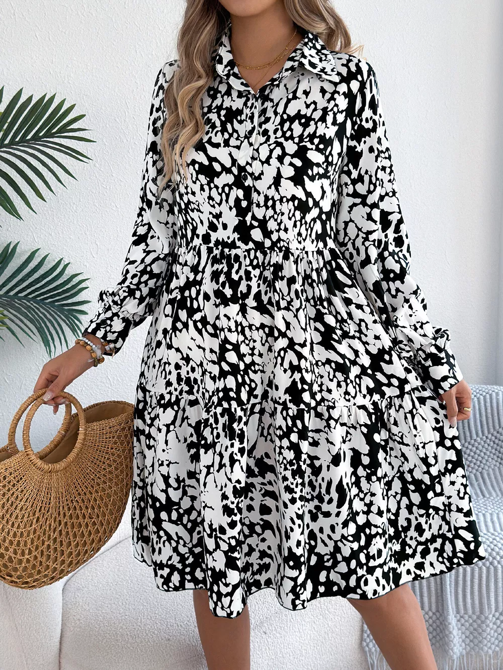 Printed Collared Neck Long Sleeve Dress, image 14