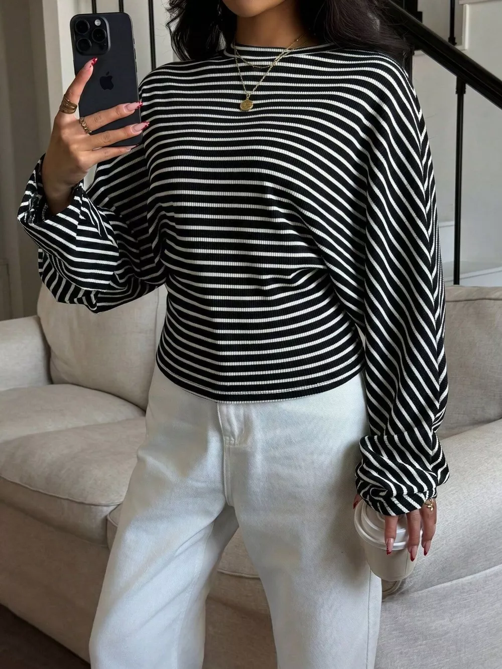 Casual Striped Batwing Sleeve T-Shirt, image 9